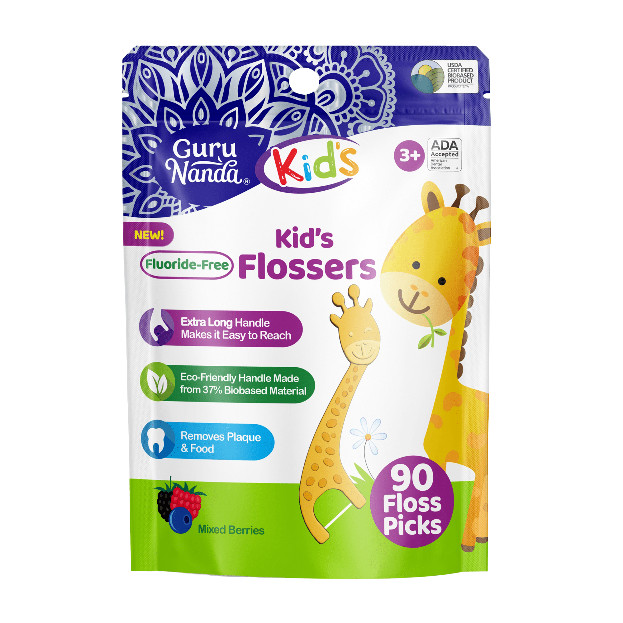 GuruNanda Kids Dental Floss Picks- Giraffe Shaped - Berry Flavored - 90 Count