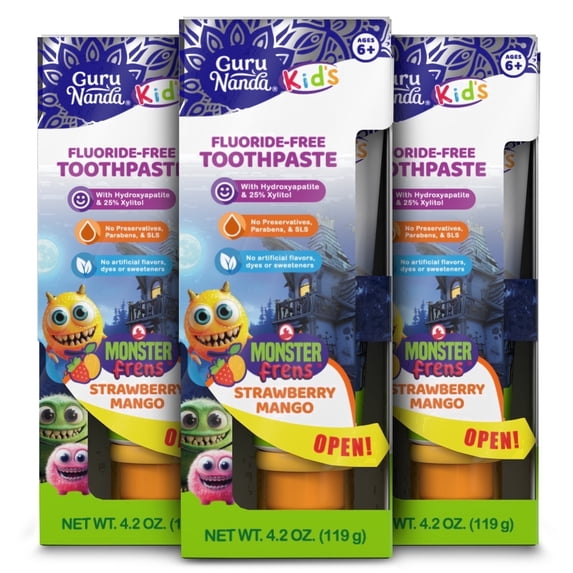 GuruNanda Kids Fluoride- Free Toothpaste with Xylitol & Hydroxyapatite - Mango Strawberry Flavor, 4.2 oz - 3 Pack