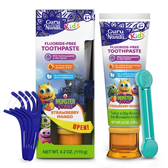 GuruNanda Kids Fluoride- Free Toothpaste with Xylitol & Hydroxyapatite - Mango Strawberry Flavor, 4.2 Oz