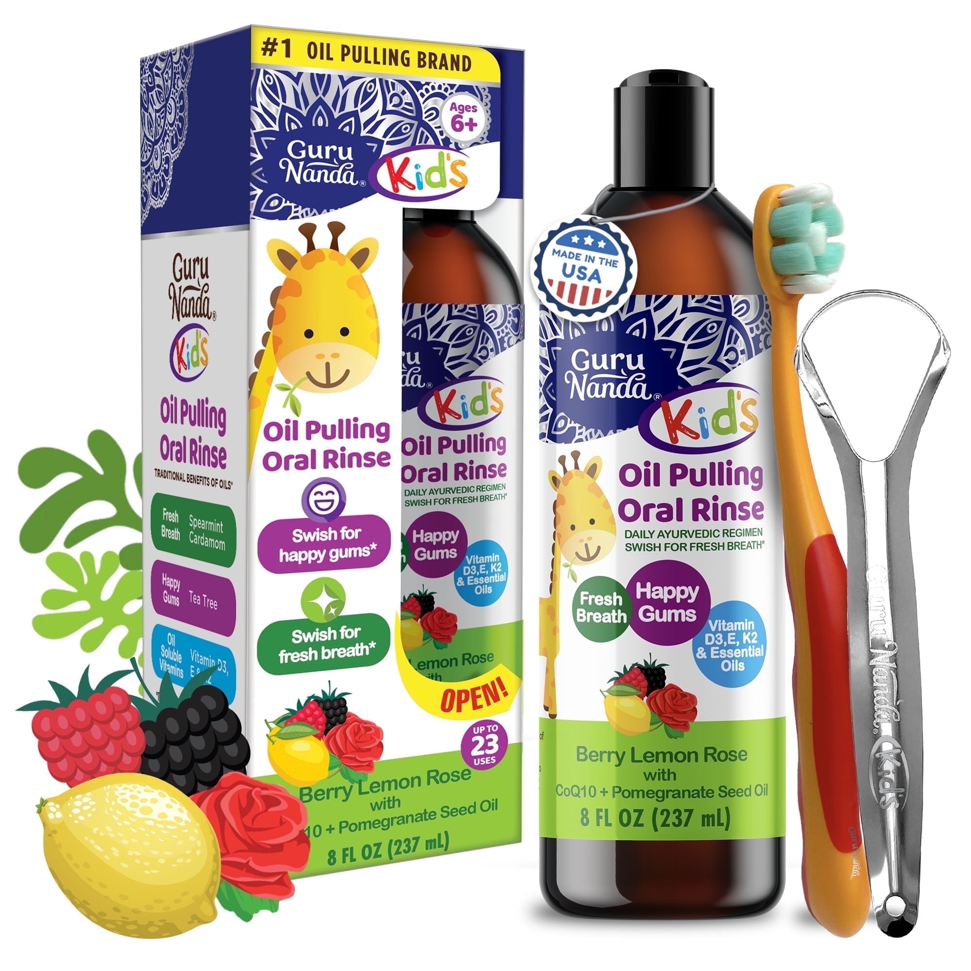 GuruNanda Kids Oil Pulling, Alcohol-Free Mouthwash, Essential Oils & Vitamins for Ages 6 & up, Natural Berry Lemon Rose, 8 Oz