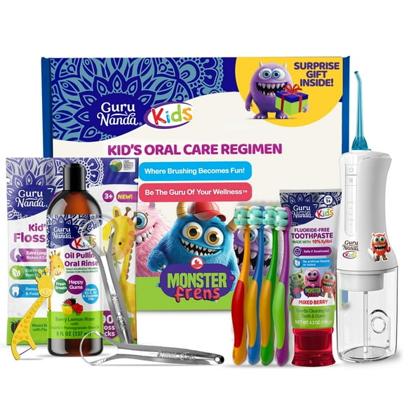 GuruNanda Kids Oral Care Regimen Kit with Toothpaste, Butter On Gums Toothbrush, Oil Pulling Mouthwash, Giraffe Floss Picks, Water Flosser & Tongue Scrapers
