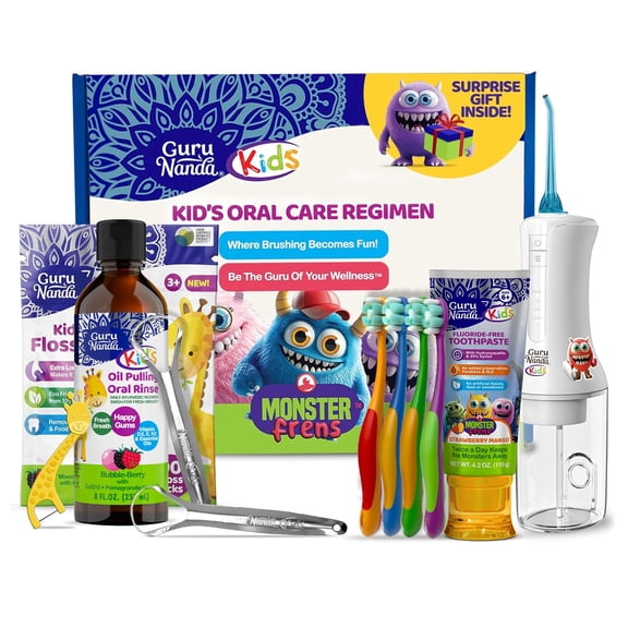 GuruNanda Kids Oral Care Regimen Kit with Toothpaste, Butter On Gums Toothbrush, Oil Pulling Mouthwash, Giraffe Floss Picks, Water Flosser & Tongue Scrapers