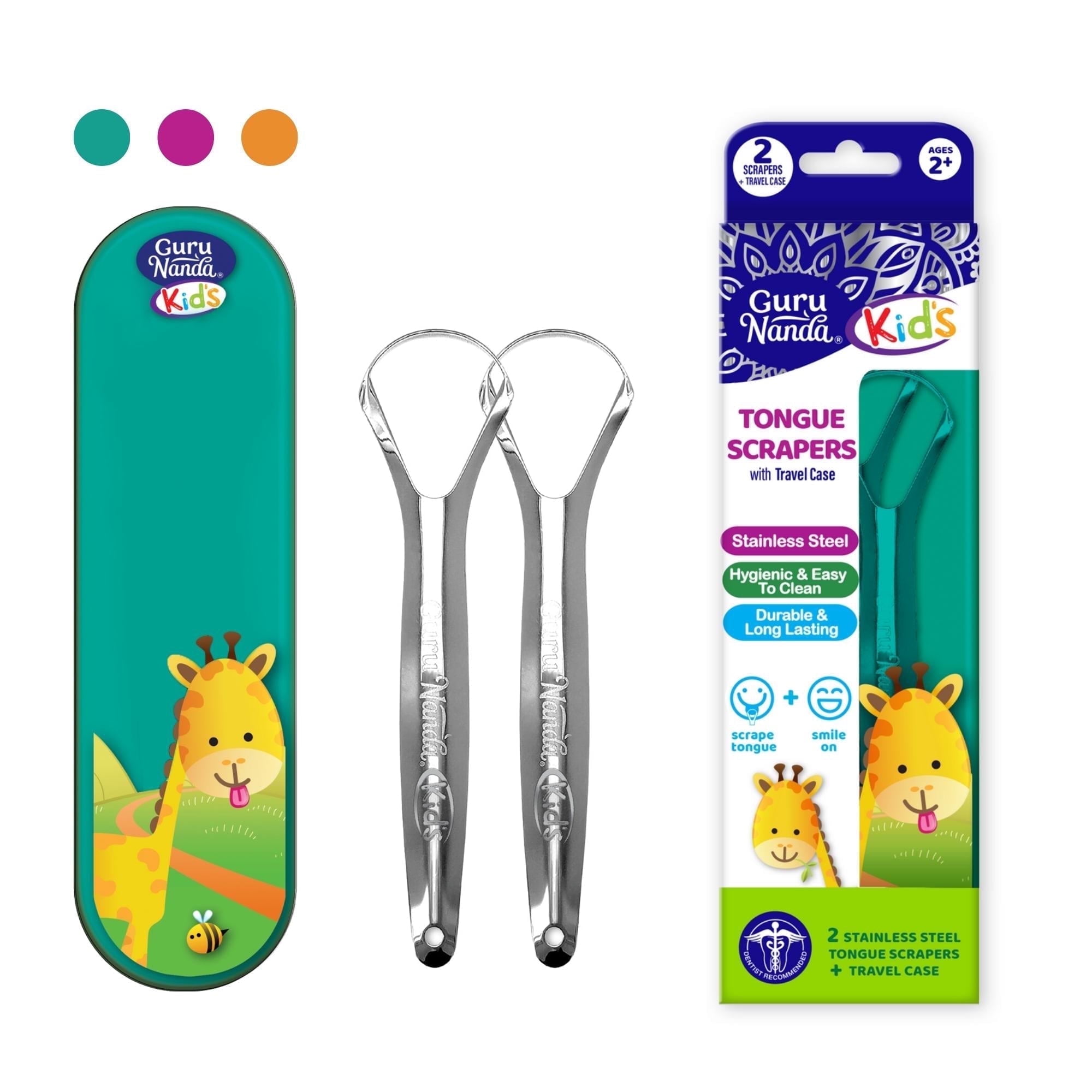 GuruNanda Kids Reusable Stainless Steel Tongue Cleaner, 2-Pack with Travel Case for Oral Hygiene