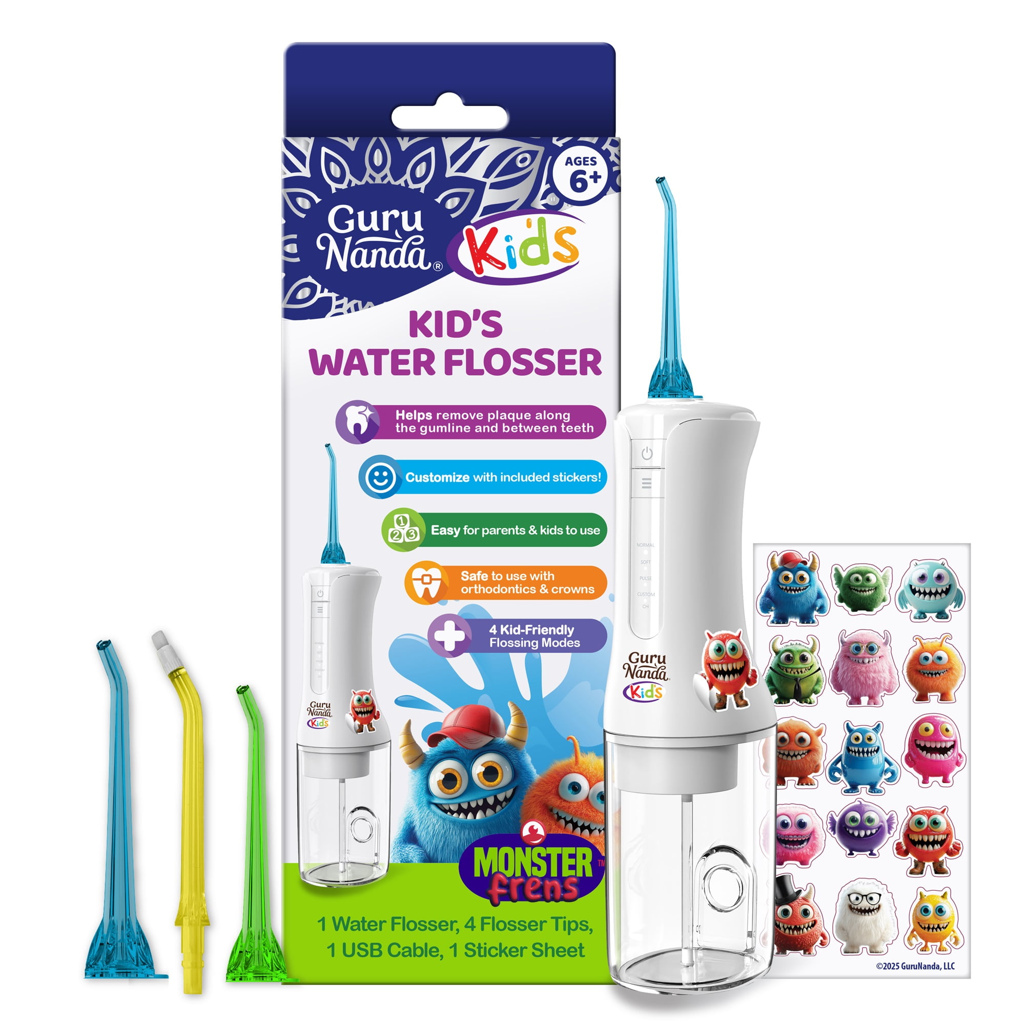 GuruNanda Kids Water Dental Flosser - 4 Flossing Modes, Smart Timer,  for Ages 6+- 200ml - White