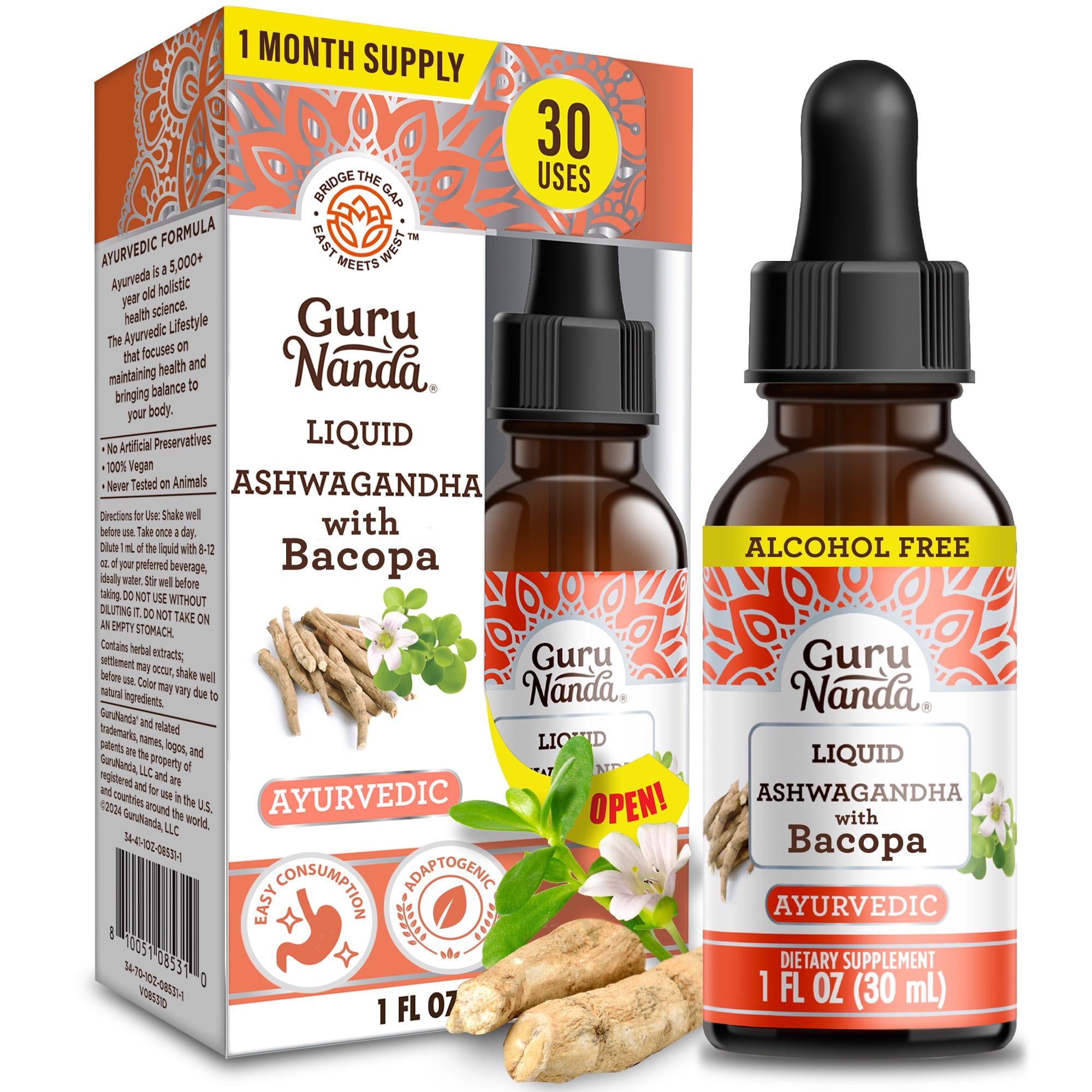GuruNanda Liquid Ashwagandha and Bacopa Dietary Supplement for Adults - 1 oz