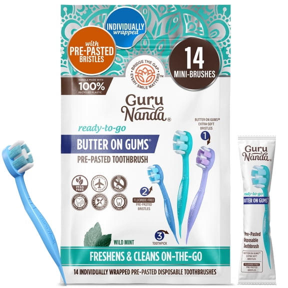 GuruNanda Mini Disposable Travel Toothbrushes with Toothpick, Prepasted, Fluoride-Free, 14 Count