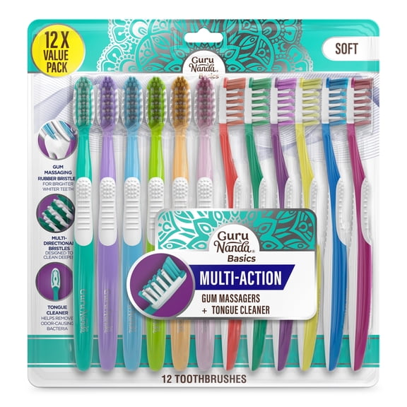 GuruNanda Multi-Action Directional Bristle Toothbrush with Tongue Cleaner, Ergonomic Handle, Soft Bristles, 12 Count