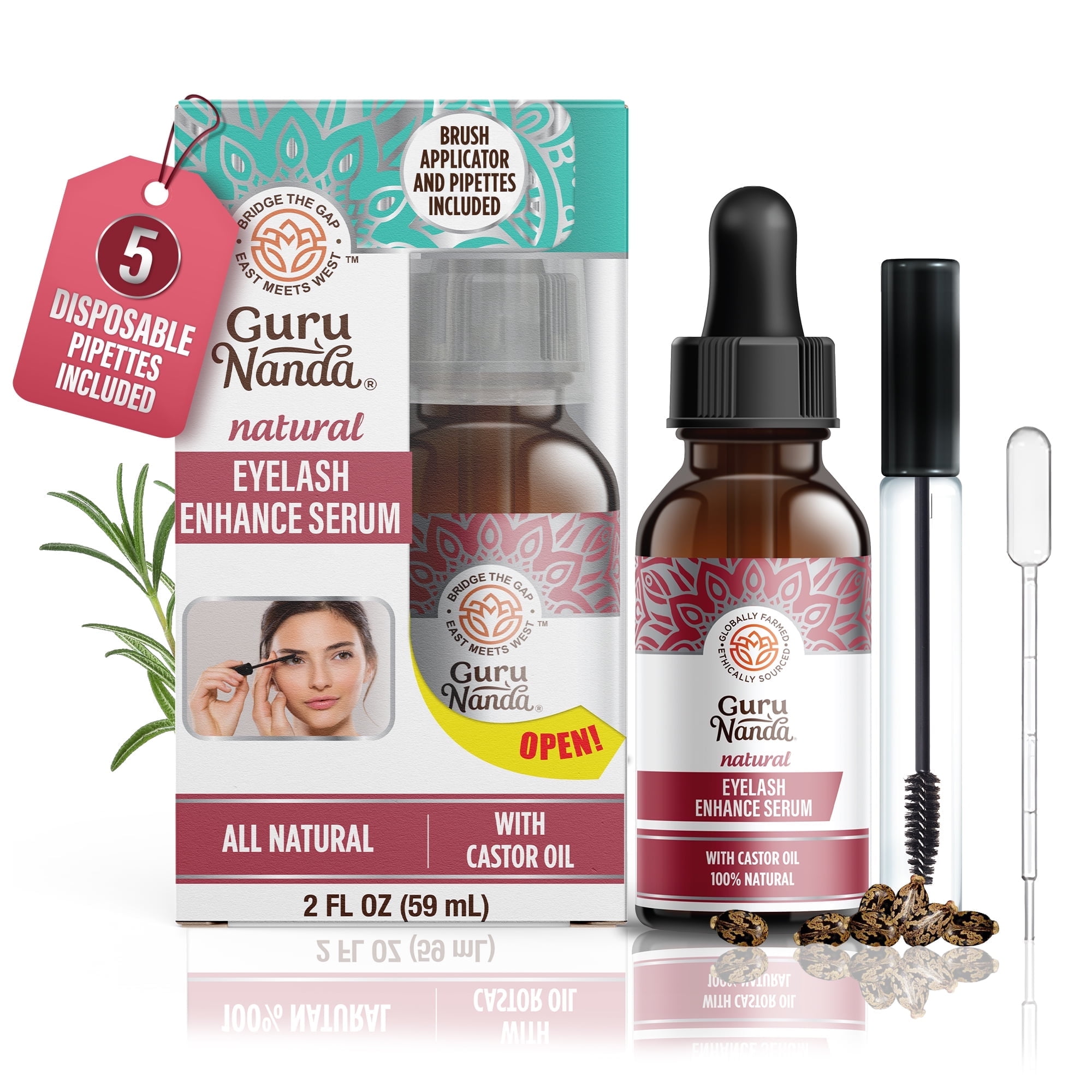 GuruNanda Natural Eyelash Enhance Serum with Dropper \u0026 Brush - 2 oz