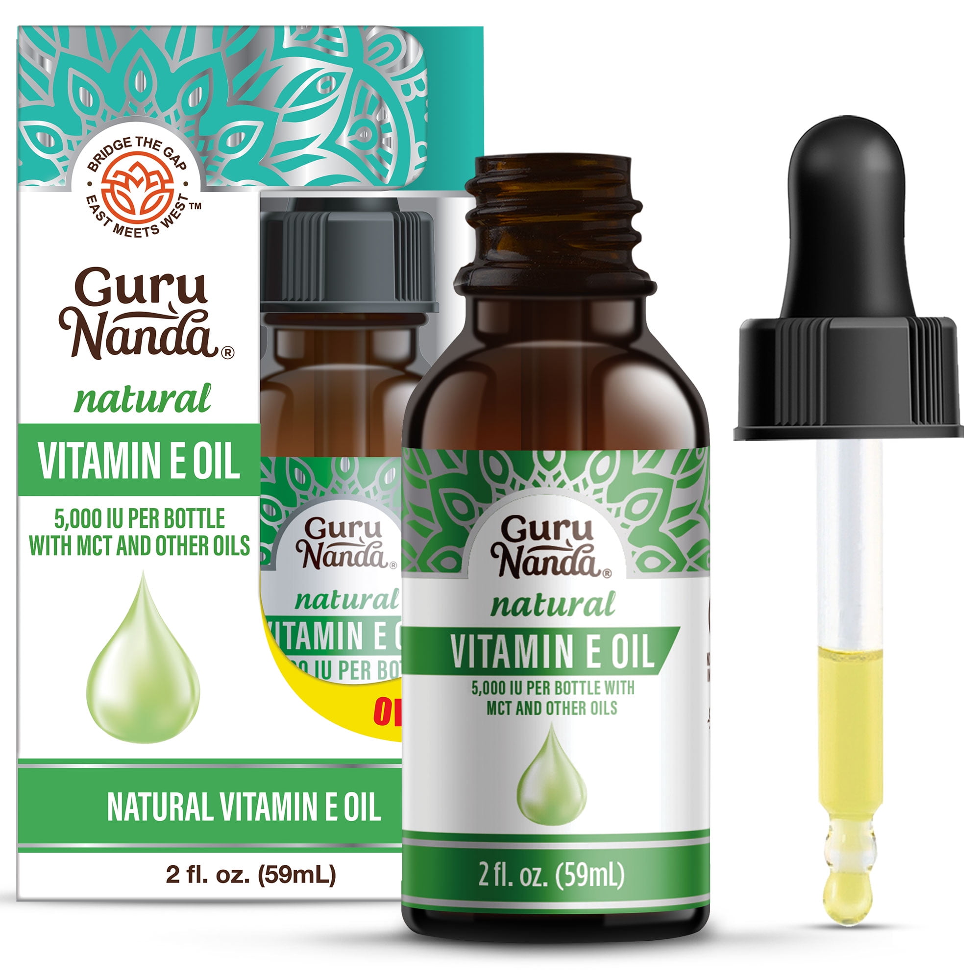 GuruNanda Natural Vitamin E Oil -5,000 IU - Moisturizer for Dry Skin, Nails & Body Care - 2 fl. oz