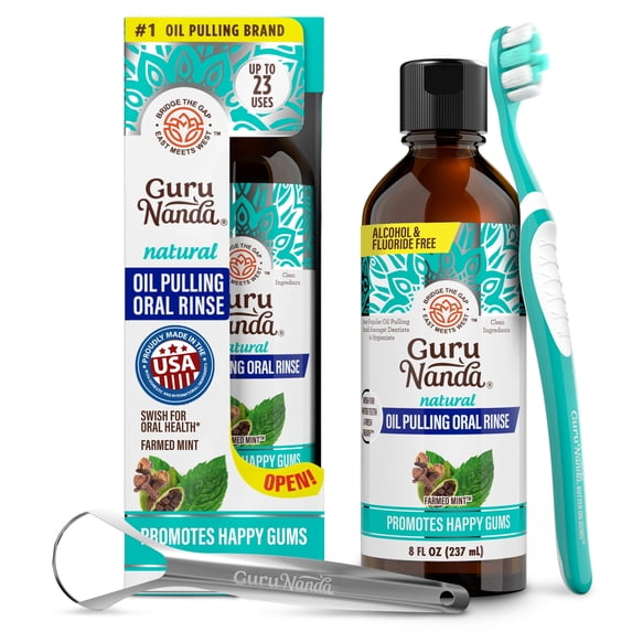 GuruNanda CocoMint Oil Pulling Natural Mouthwash with Essential Oils & Vitamins D3,E,K2 - Toothbrush & Tongue Scraper - 8 oz