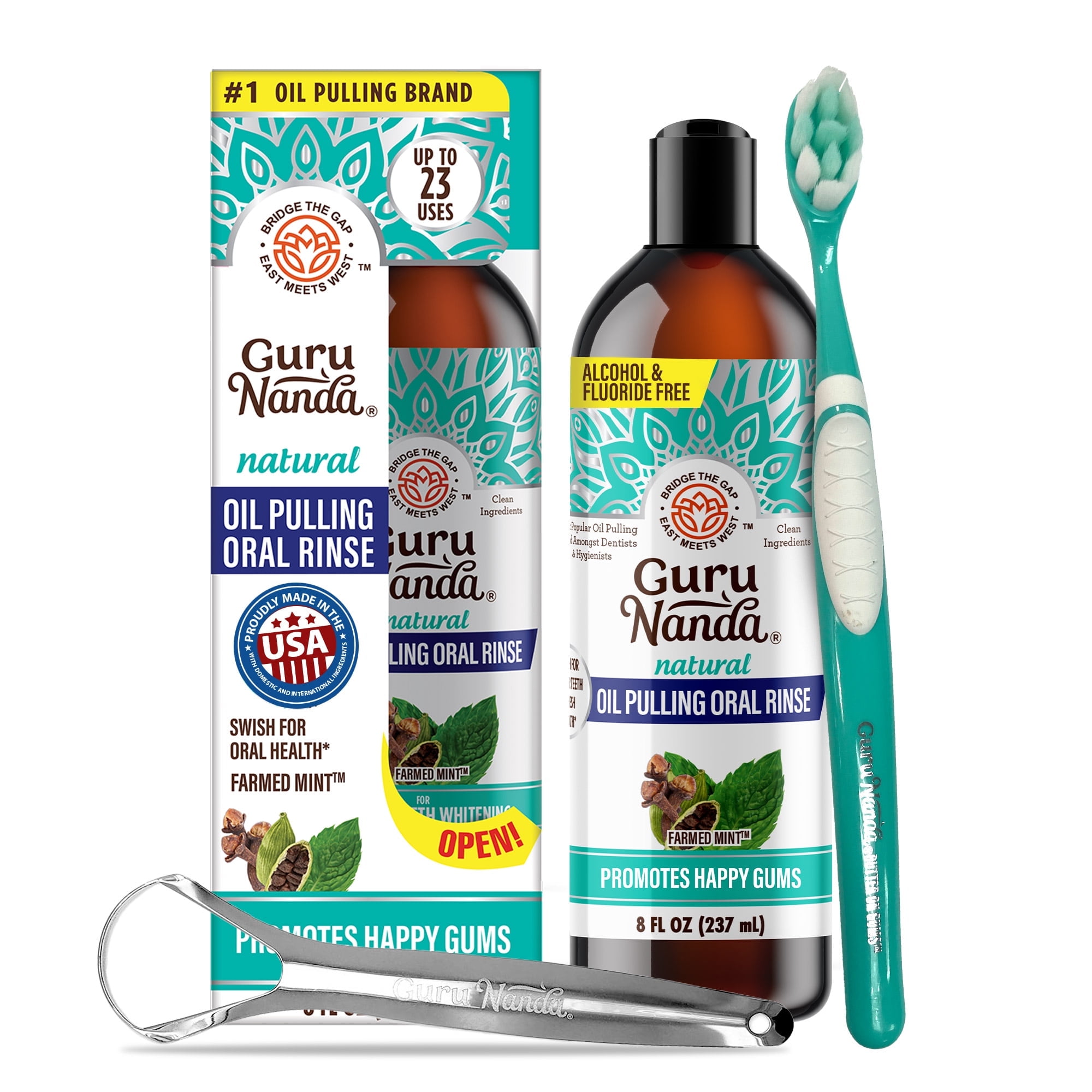 GuruNanda CocoMint Oil Pulling Natural Mouthwash with Essential Oils & Vitamins D3,E,K2 - Toothbrush & Tongue Scraper - 8 oz