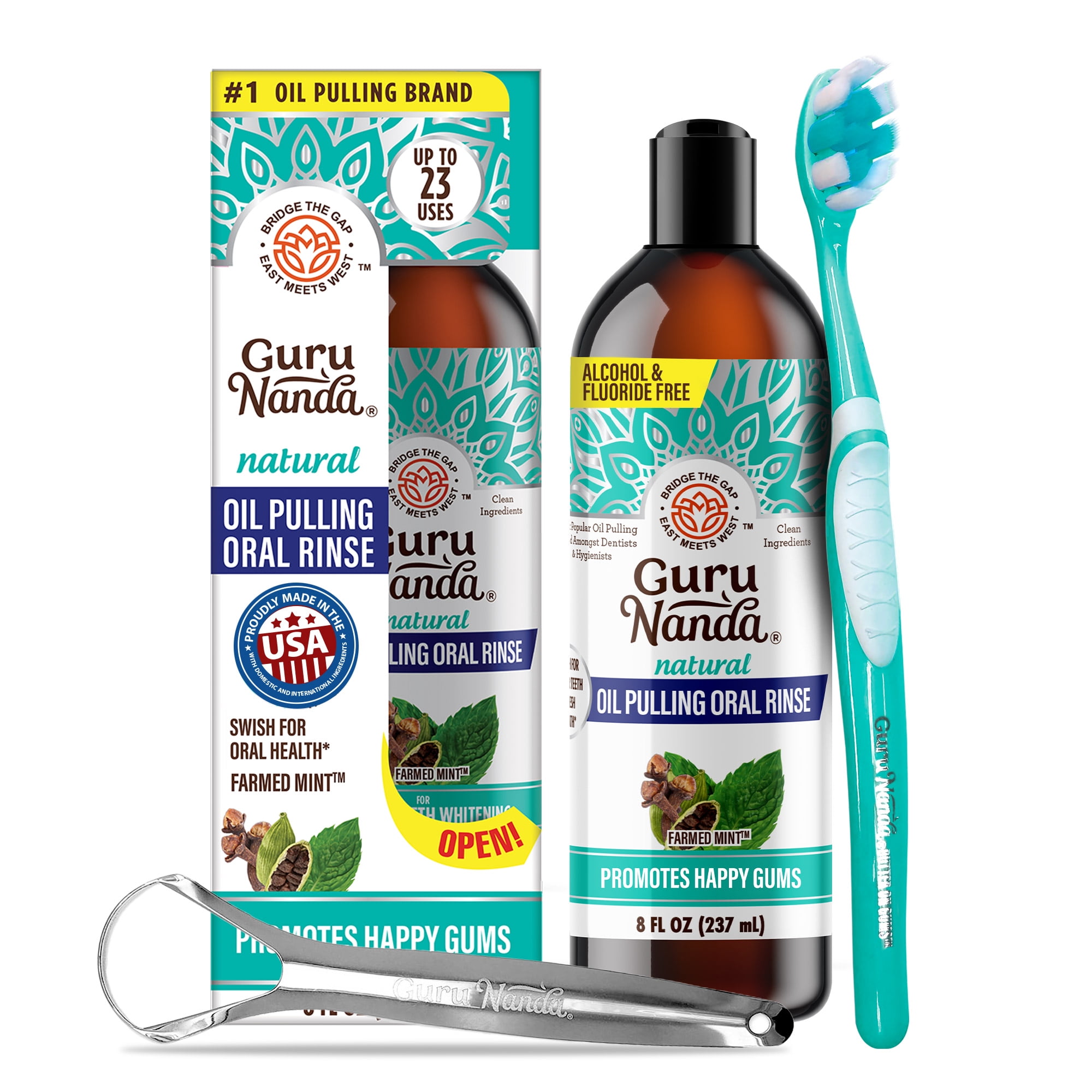 GuruNanda CocoMint Oil Pulling Natural Mouthwash with Essential Oils & Vitamins D3,E,K2 - Toothbrush & Tongue Scraper - 8 oz