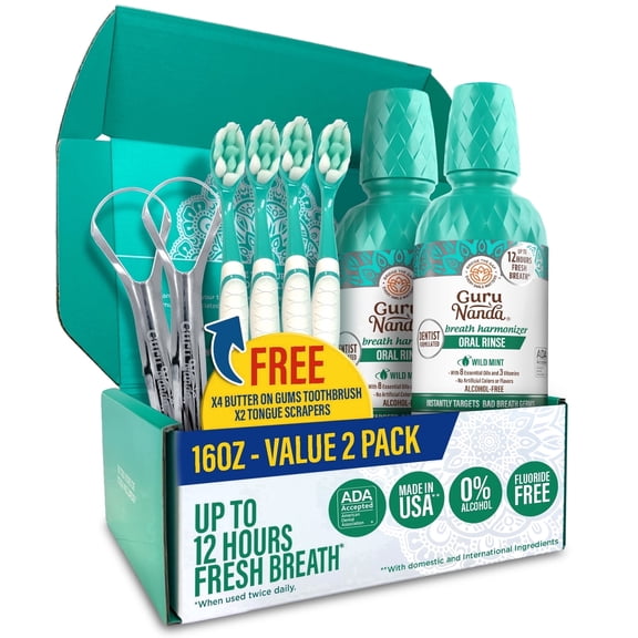 GuruNanda Alcohol-Free Mouthwash, Fresh Breath Oral Rinse, 8 Essential Oils, 16 fl oz, 2 Pack