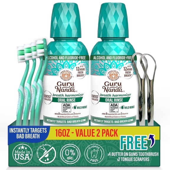 GuruNanda Oral Rinse - Alcohol-Free & Fluoride-Free Mouthwash with 7 Essential Oils & Vitamins -  Fresh Mint -16 fl oz, 2 Pack