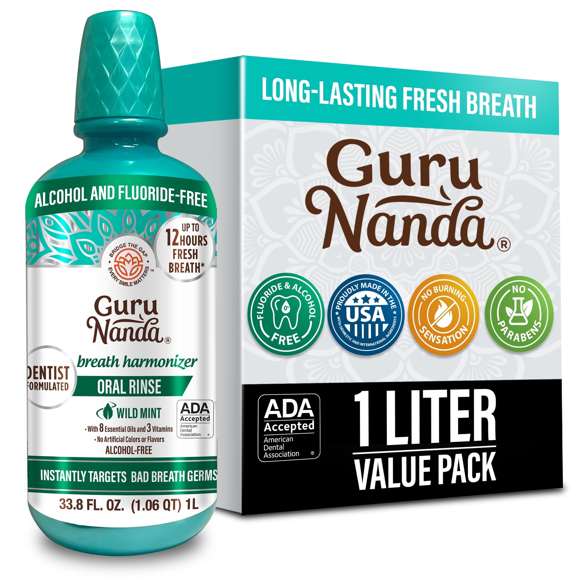 GuruNanda Oral Rinse - Alcohol-Free Mouthwash - Fresh Mint with 7 Essential Oils, Vitamins E,D & K2 - 33.8 oz
