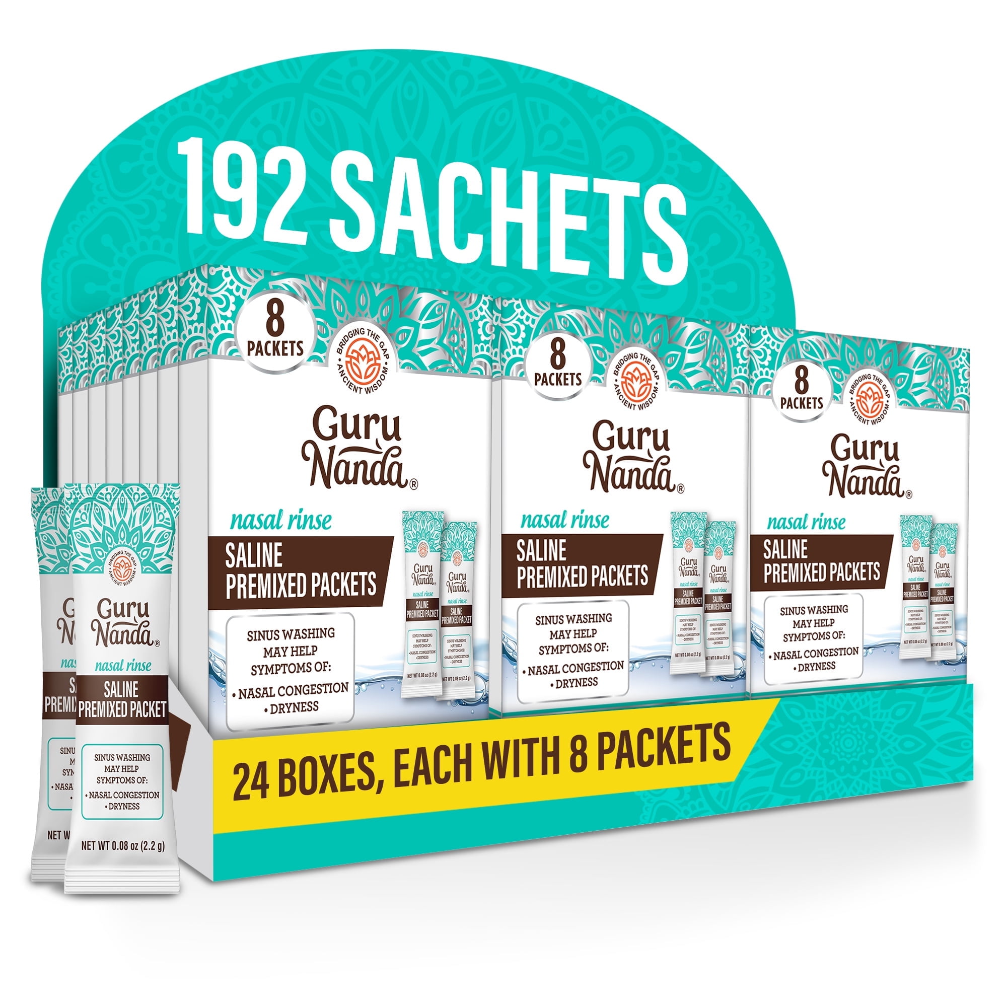 GuruNanda PreMixed Saline Packets for Nasal Rinse (192 Count), All Natural Sinus Rinse Packets to Help with Allergies & Congestion Relief, 0.08oz Each