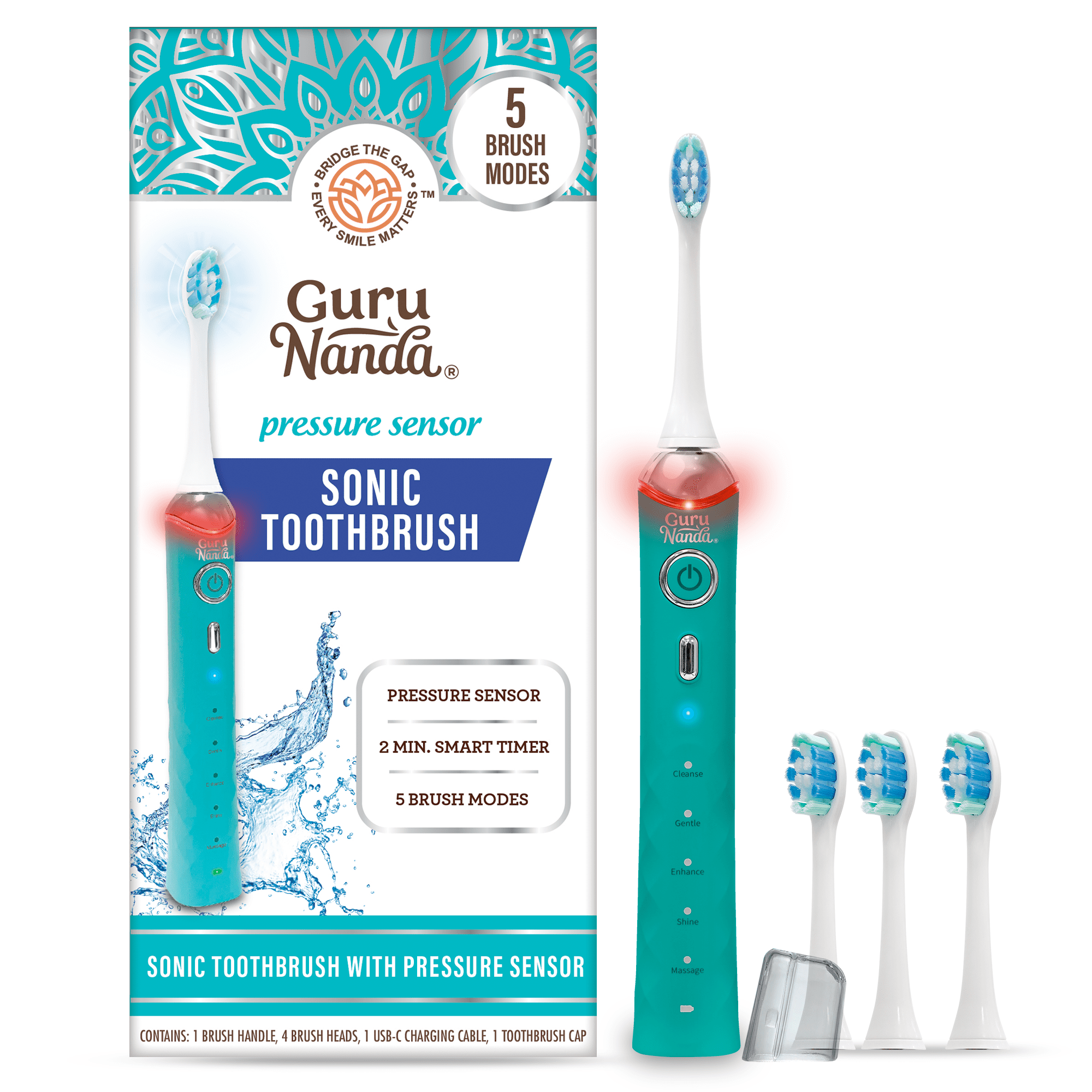 GuruNanda Pressure Sensor Sonic Electric Toothbrush - Rechargeable with 5 Modes, Memory Function, 2-Min Smart Timer & 4 Replacement Heads, Teal