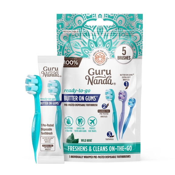 GuruNanda Butter on Gums Mini Travel Toothbrushes with Toothpaste - Extra Soft Bristles - 5 Count