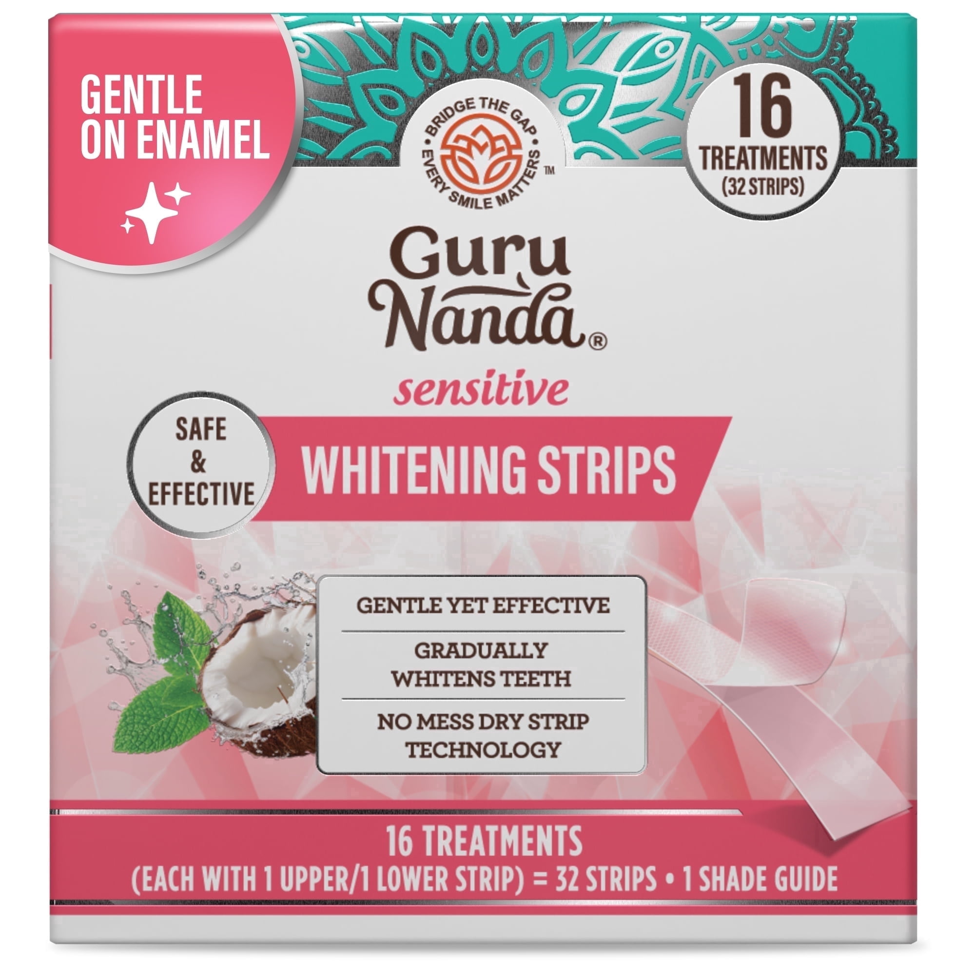GuruNanda Sensitive Whitening Strips with Coconut Oil - 16 Treatments - Natural Mint Flavor