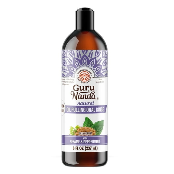 GuruNanda Sesame Mint Oil Pulling Mouthwash for Gentle & Natural Oral Care, Pure Sesame & Mint Extracts, Unflavored, Odorless, & Colorless, Alcohol-Free, 8 Oz