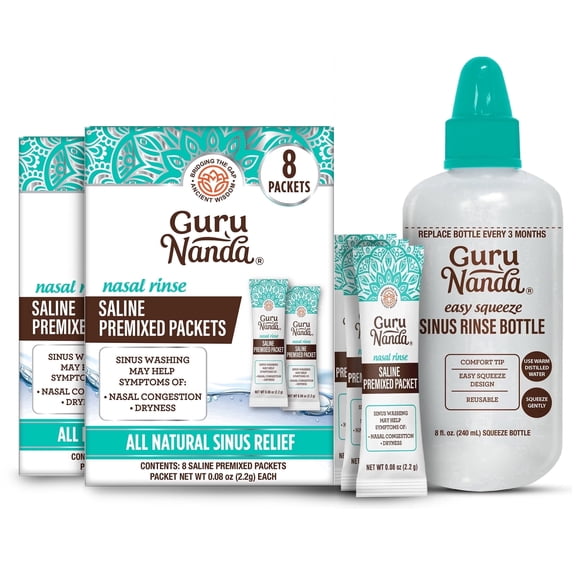 GuruNanda Sinus Rinse Bottle and 16 Saline Premixed Packets for Help with Nasal & Allergy Congestion
