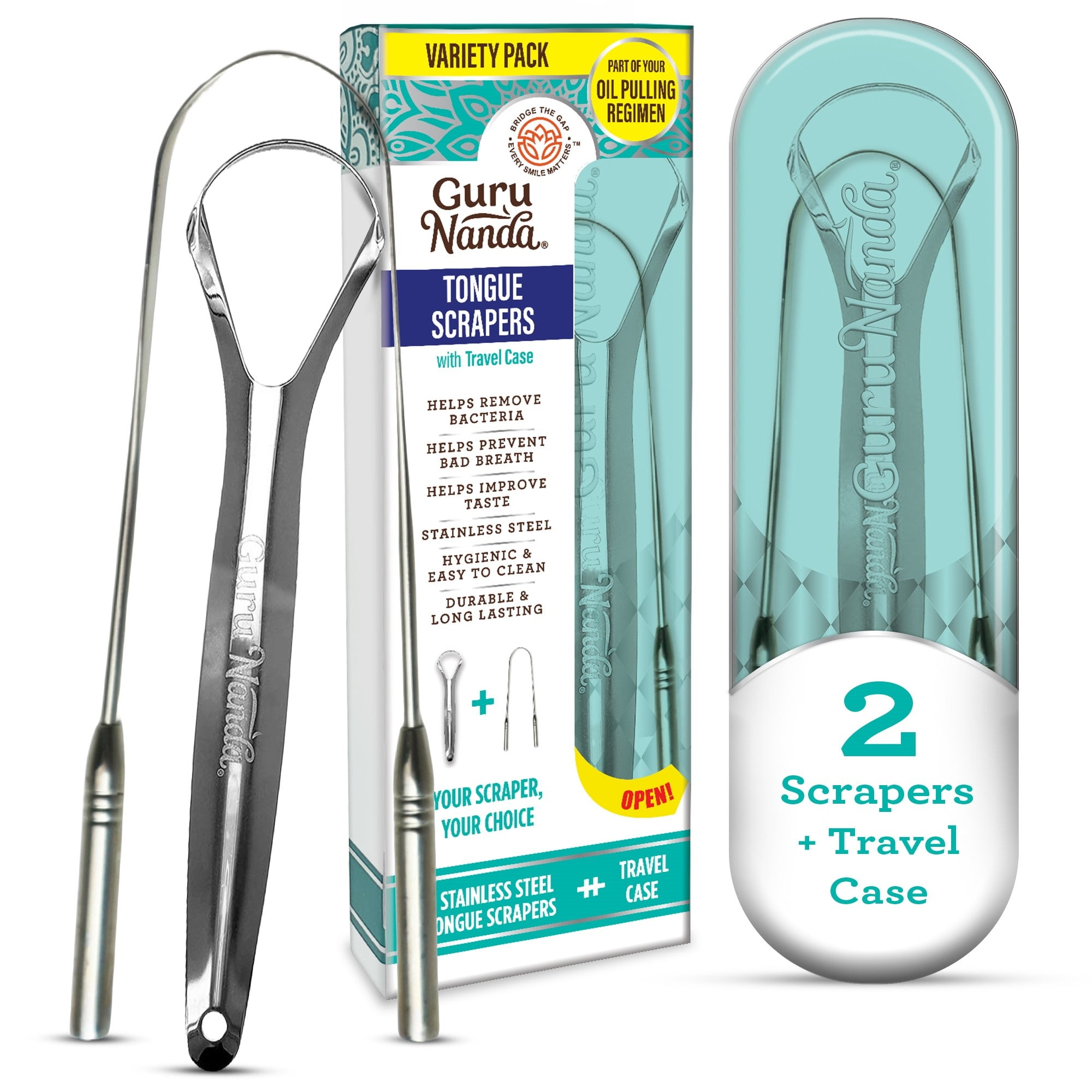 GuruNanda Spoon & U-Shaped Tongue Scraper Variety Pack with Travel Case, Stainless Steel, BPA Free,2 Pack, for All Ages