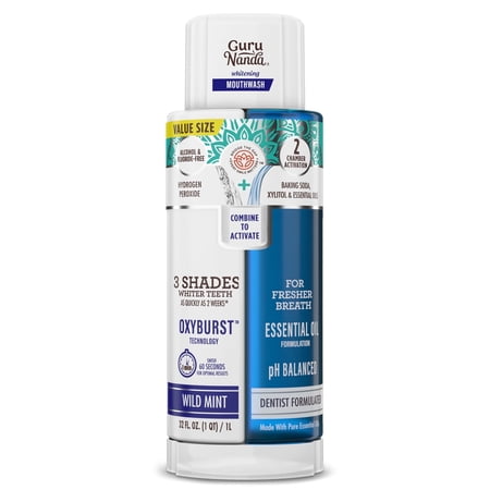 GuruNanda Dual Barrel Whitening Mouthwash, Hydrogen Peroxide, Wild Mint, Value Size, 32 fl oz