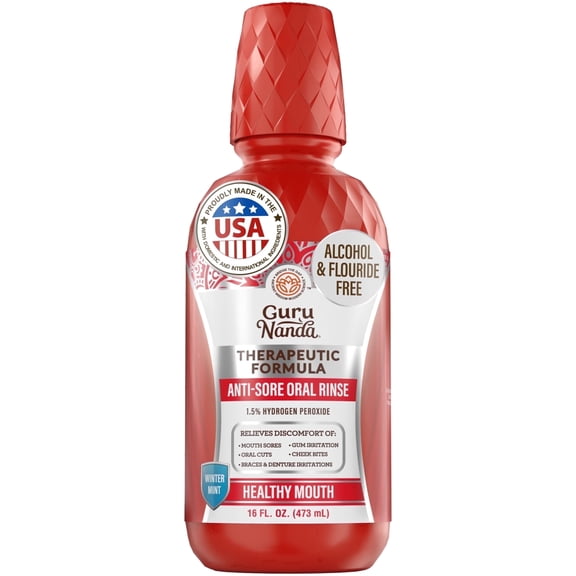 GuruNanda Therapeutic formula Anti-Sore Oral Rinse Mouthwash 1.5% Hydrogen Peroxide - 16 fl oz