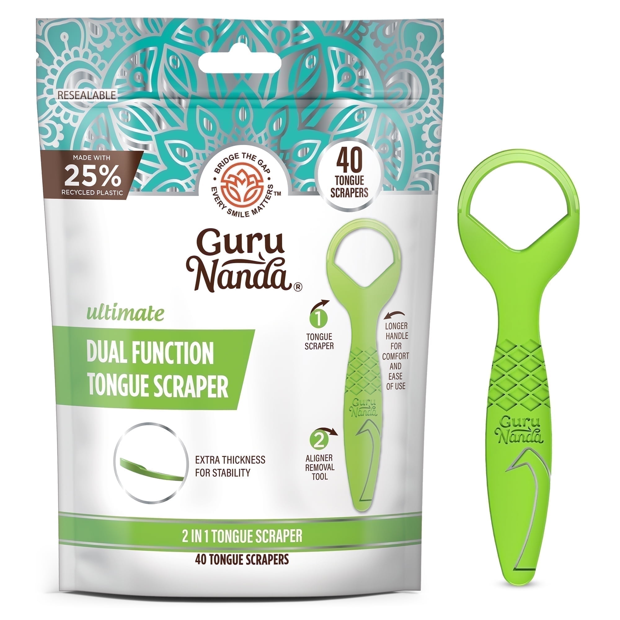 GuruNanda Dual-Function Tongue Scraper for Adults & Kids | Aligner Removal Tool | 40 Ct | BPA & PFA-Free, Recyclable, Travel-Friendly | Promotes Fresh Breath, Easy to Use