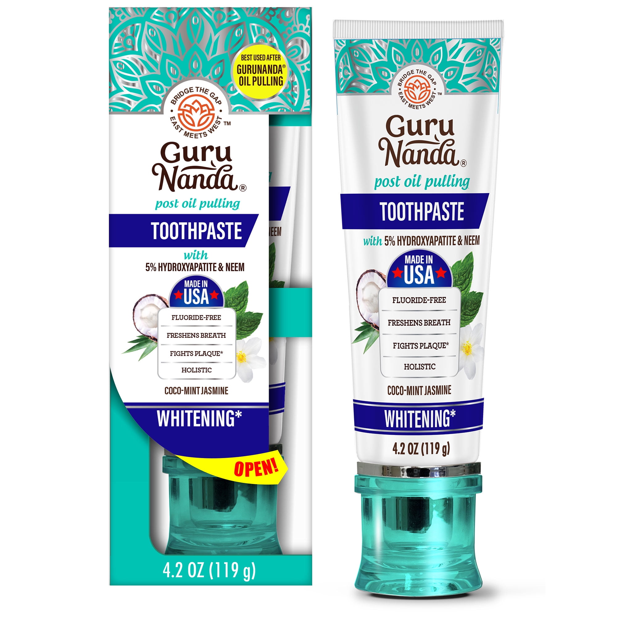 GuruNanda Whitening Toothpaste with Neem & Hydroxtapatite, Cocomint  Jasmine, Fluoride - Free, 4.2oz