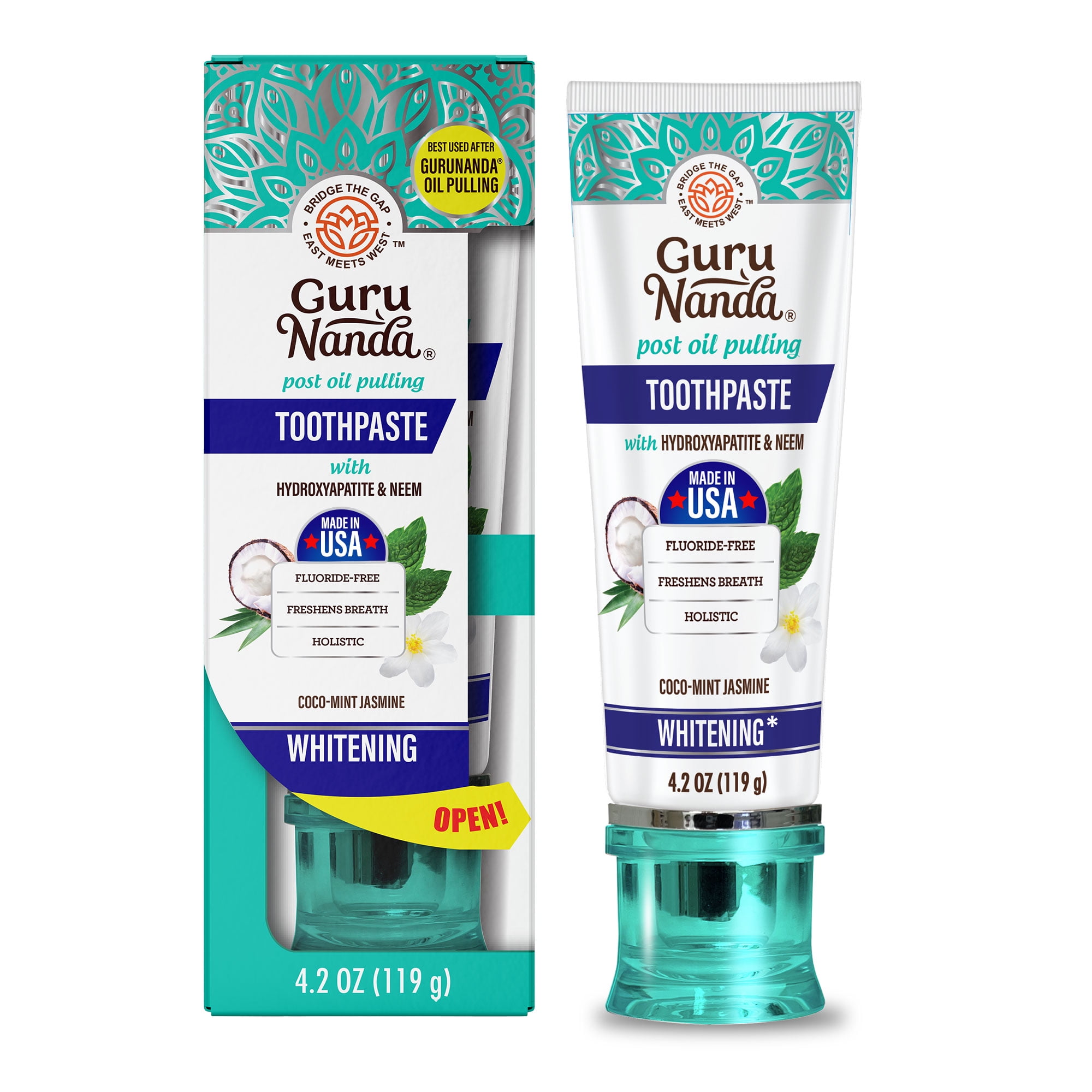 GuruNanda Whitening Toothpaste with Neem & Hydroxyapatite , Cocomint Jasmine, Fluoride - Free, 4.2oz