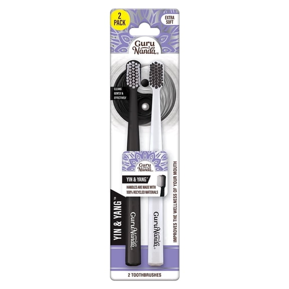 GuruNanda Yin & Yang Toothbrush with Extra Soft Bristles, Promotes Gentle, Balanced Oral Hygiene for a Brighter & Happier Smile, Eco Friendly, BPA Free, 2 Count