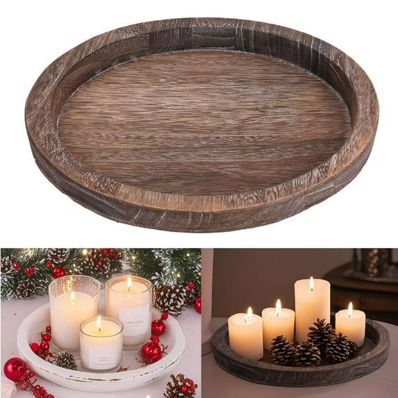 Gusatve Wood Candle Plate Holder Round Wooden Serving Tray Rustic Decorative Pillar Candle Trays for Home Farmhouse Centerpiece Coffee Table Decor, Brown
