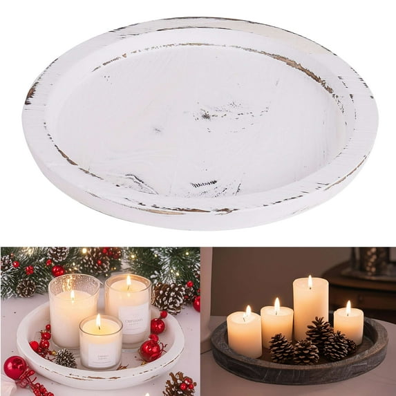 Gusatve Wood Candle Plate Holder Round Wooden Serving Tray Rustic Decorative Pillar Candle Trays for Home Farmhouse Centerpiece Coffee Table Decor, White