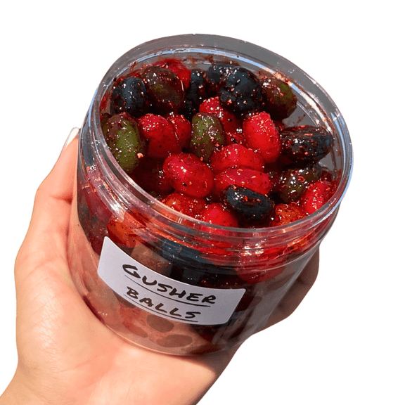 Gusher Balls Chamoy Candy - Vegan Mexican Sweet Sour Spicy Chili Candy (16 oz Jar)