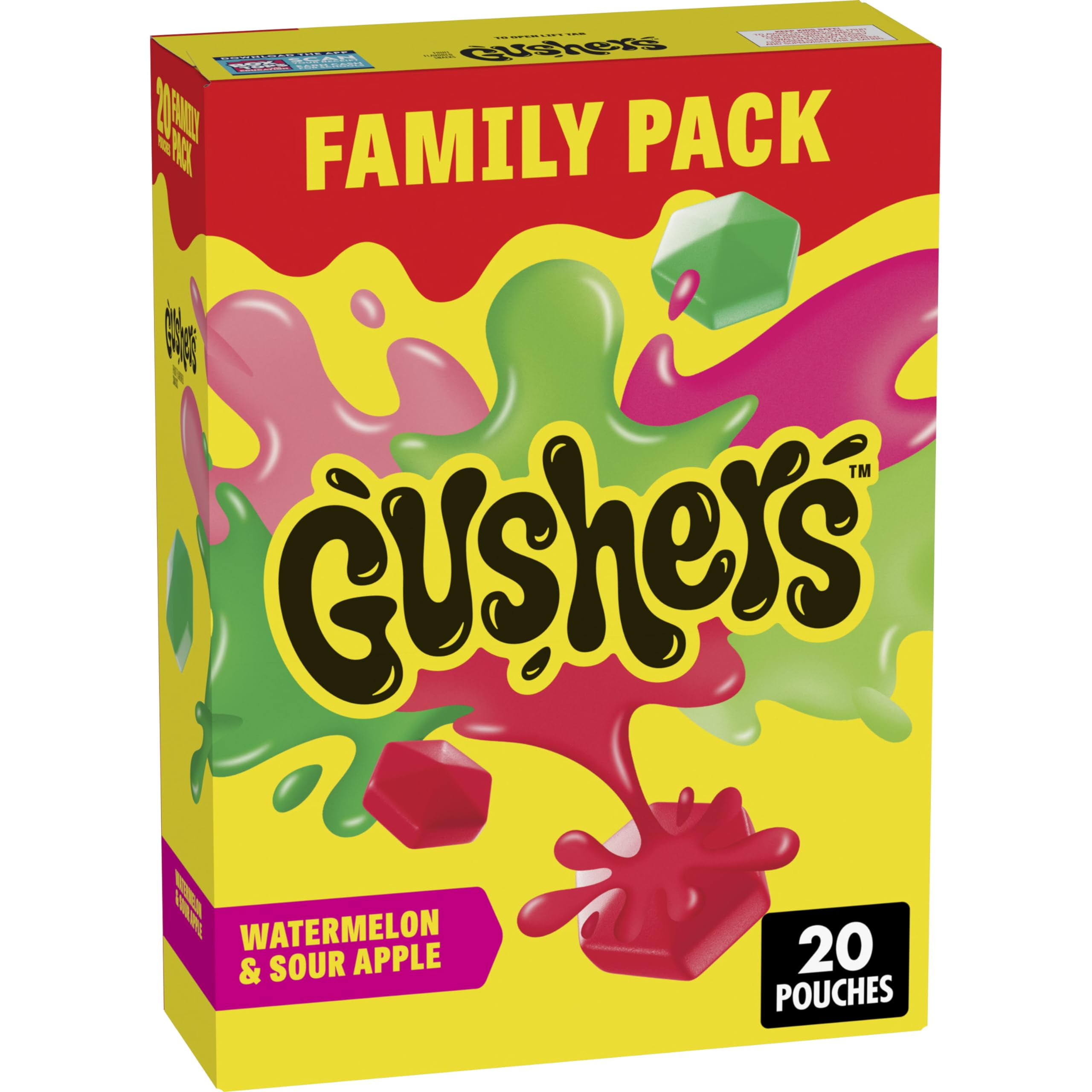 Gushers Fruit Flavored Kids Snacks, Watermelon and Sour Apple Flavor, 20 Pouches, Family Pack, 16 oz