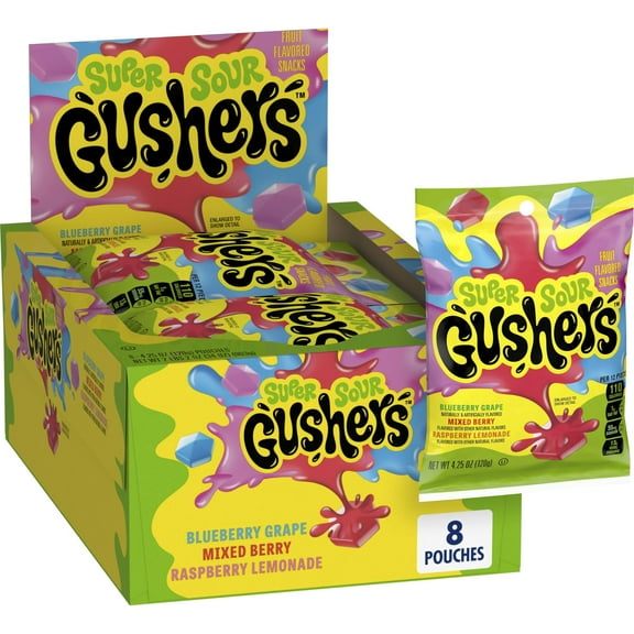 Gushers Fruit Flavored Snacks, MFF30 Super Sour Berry Flavor, 8 Pouches, 34 oz