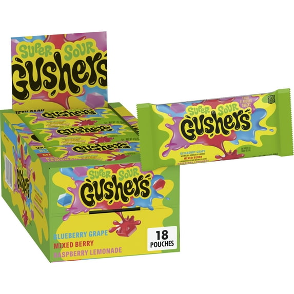 Gushers Fruit Flavored Snacks, Super Sour Berry Flavor, 18 Pouches, 36 oz