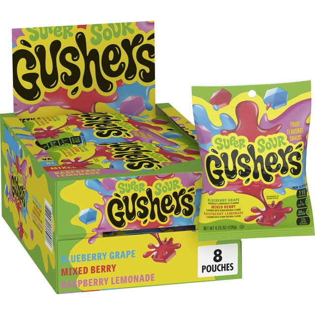 Gushers Fruit Flavored Snacks, Super Sour Berry Flavor, 8 Pouches, 34