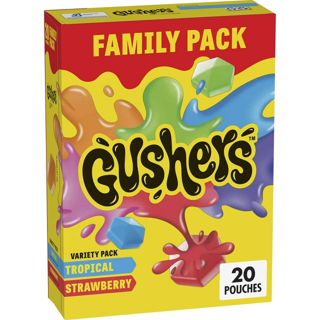 Gushers Fruit Flavored Snacks, XEF1&nbsp;Tropical and Strawberry Flavors, Family Pack, 20 Pouches, 16 oz