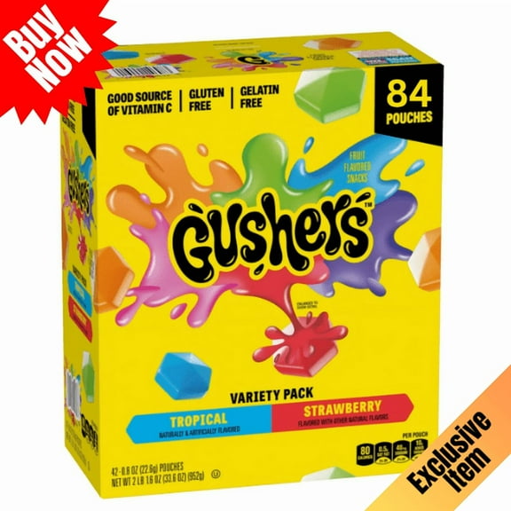 Gushers Strawberry & Tropical Variety Pack Fruit Snacks, 0.8 oz, 84 Pack Chewy Snacks with Juicy Centers