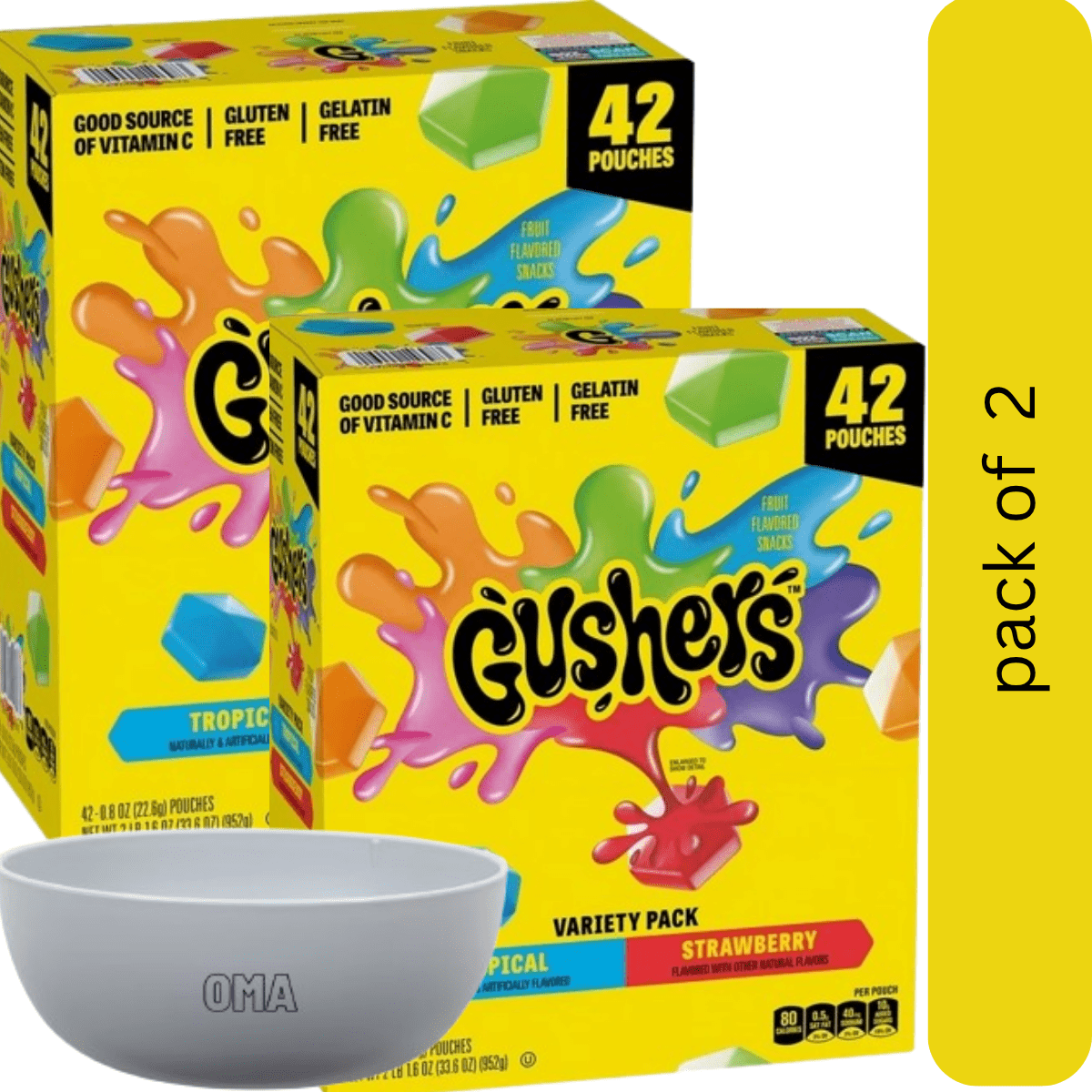 Gushers Strawberry & Tropical Variety Pack Snacks, 2 Pack, 0.8 oz., 42 pk with bowl by OMA