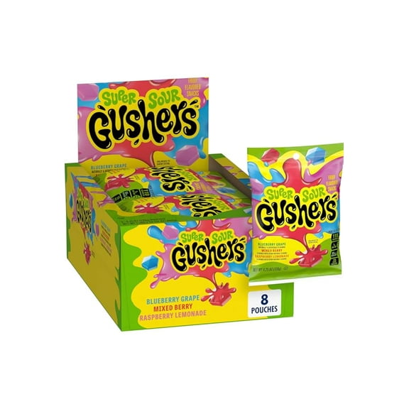 Gushers Super Sour Fruit Snacks  8 Pouches  4.25 oz Each  Blueberry Grape, Mixed Berry & Raspberry Lemonade