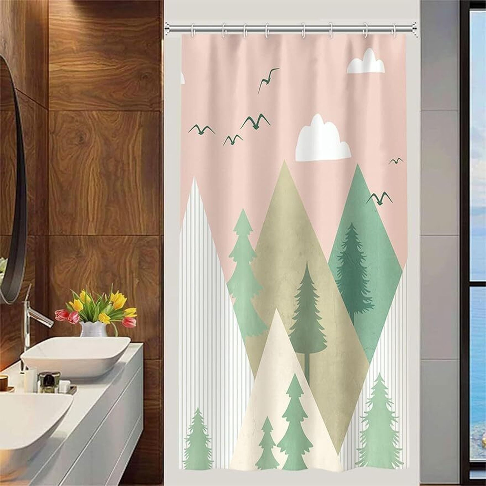 GusseaK Mountain Forest Shower Curtain Modern Pine Tree