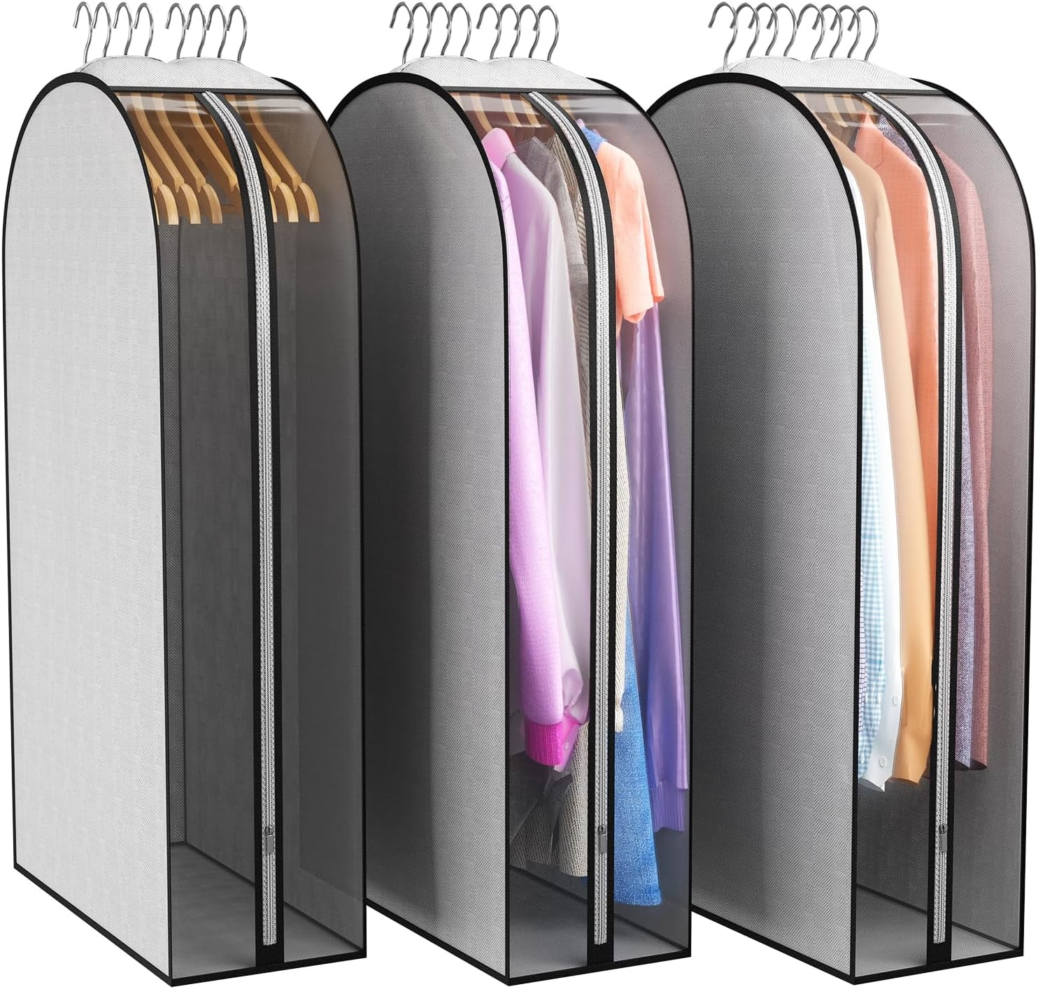 Gusseted Garment Bags for Hanging Clothes, Suit Bags for Open Closet Storage, Side Clear Clothing Cover for Coat, Dress, Jacket, Shirt, Fur Wardrobe Protector, Grey