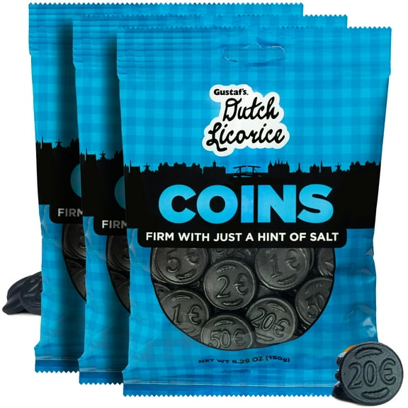 Gustaf's Salted Dutch Licorice BCF26 Coins - 3 Pack of 5.2oz Bags - Salted Black Licorice Coins - Dutch Candy from Netherlands - Salty Black Liquorice Treats
