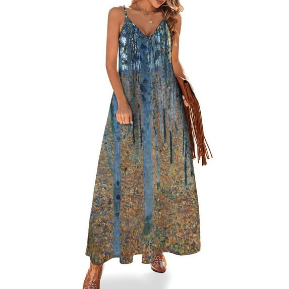 Gustav Klimt Art Dress Farm Garden Elegant Maxi Dress V Neck Bohemia Long Dresses Strap Streetwear Oversized Clothing