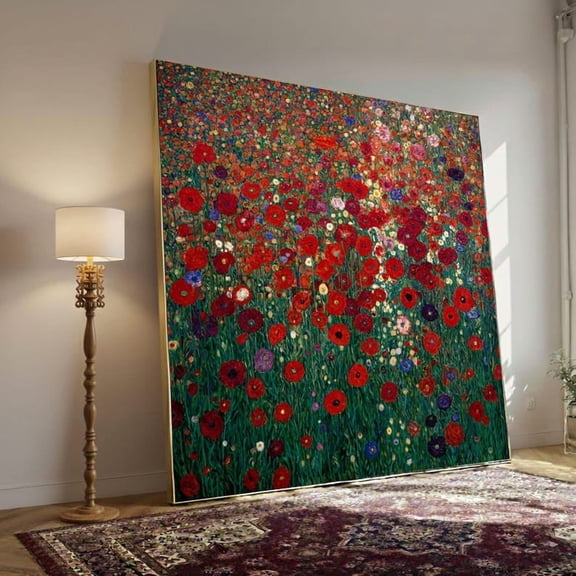 Gustav Klimt Flowers Canvas, Vibrant Red Poppies Canvas, Floral Garden Art Print, Colorful Wildflower Wall Art, Nature Canvas Décor 24X36 UNFRAMED