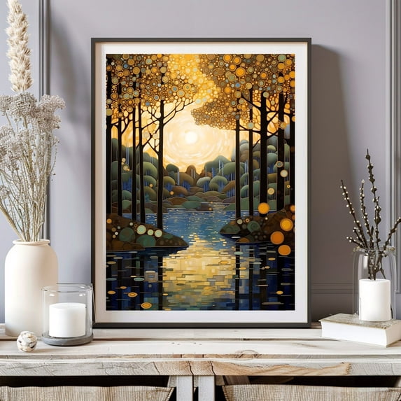 Gustav Klimt Forest Village Night Moon Stars Tree Wall Art, Study Room ...
