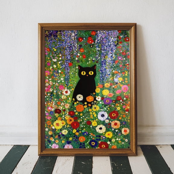 Gustav Klimt Garden Cat Poster, Klimt Flowers Cat Poster, Black Cat Art, Floral Poster, Cat Poster, Home Decor Poster, Unframed Poster Size 8x12